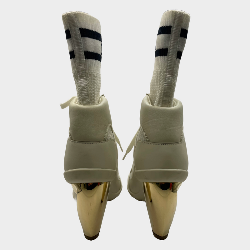 Christian Dior white leather and knitted fabric trainers style heeled ankle boots