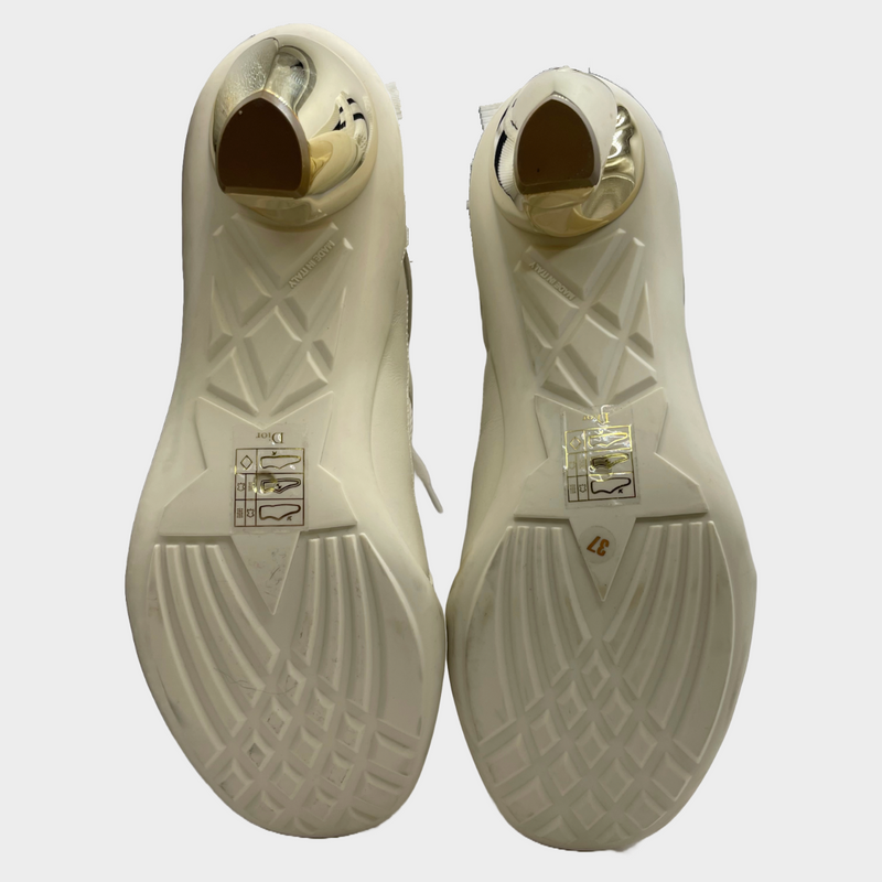 Christian Dior white leather and knitted fabric trainers style heeled ankle boots