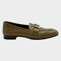 Hermes women's beige leather loafers with silver tone H buckle