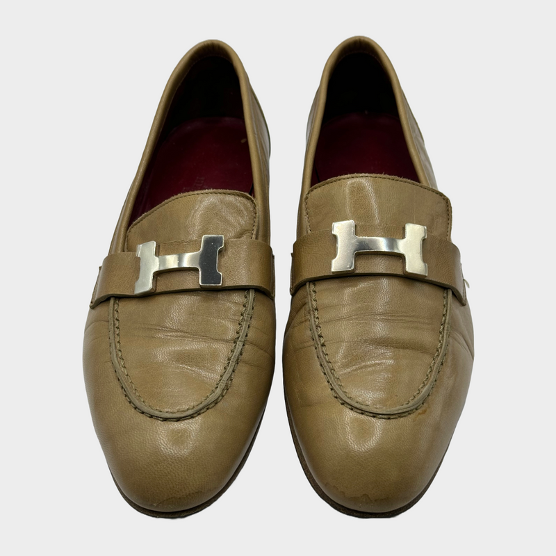 Hermes women's beige leather loafers with silver tone H buckle