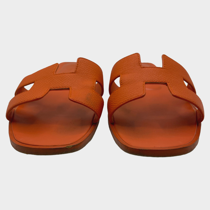 Hermes women's orange sunset leather "Oran" sandal