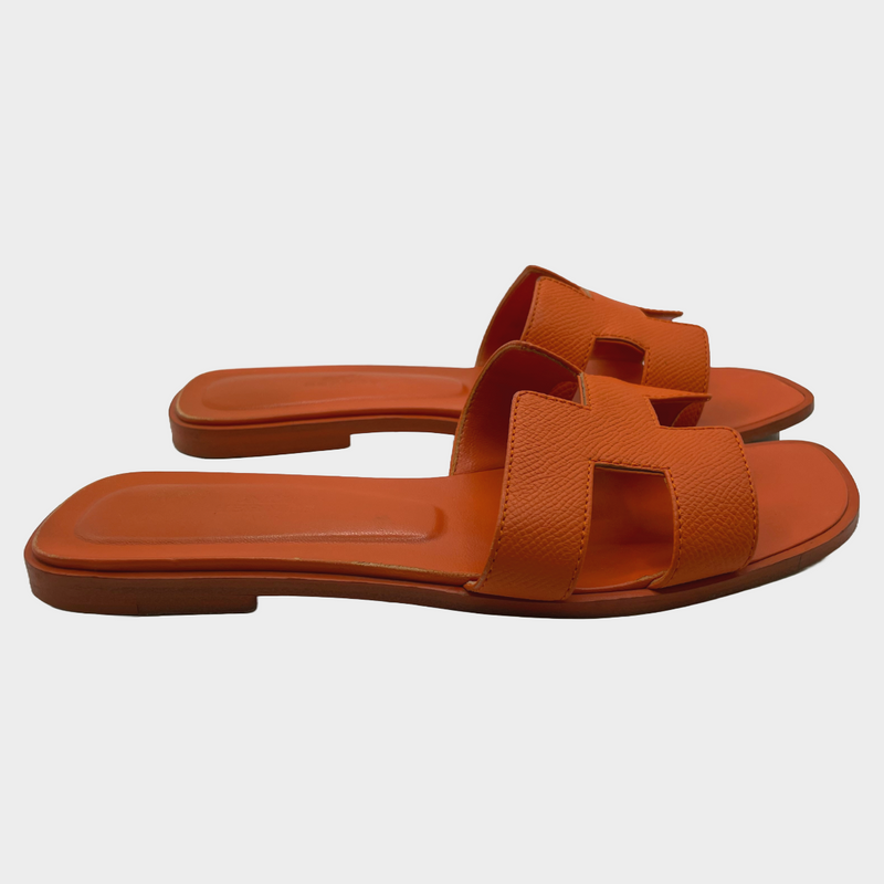 Hermes women's orange sunset leather "Oran" sandal
