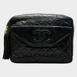 Chanel women's black quilted lambskin leather vintage camera bag