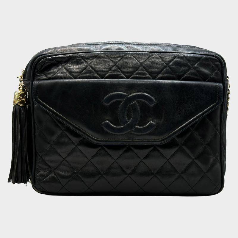Chanel women's black quilted lambskin leather vintage camera bag