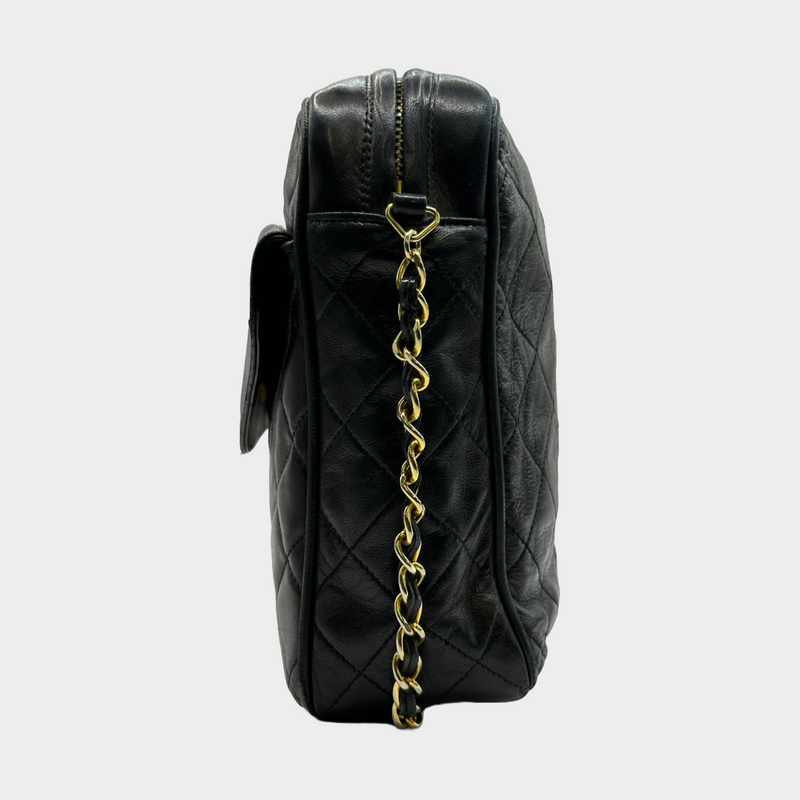 Chanel women's black quilted lambskin leather vintage camera bag