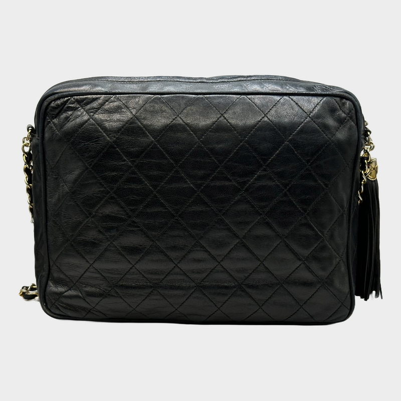Chanel women's black quilted lambskin leather vintage camera bag