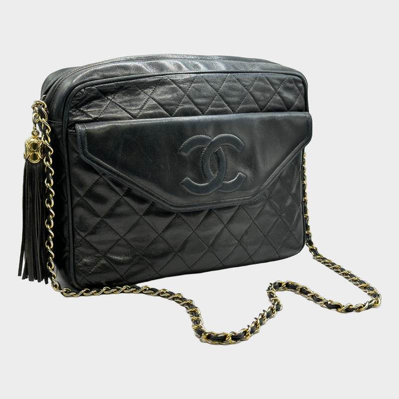 Chanel women's black quilted lambskin leather vintage camera bag