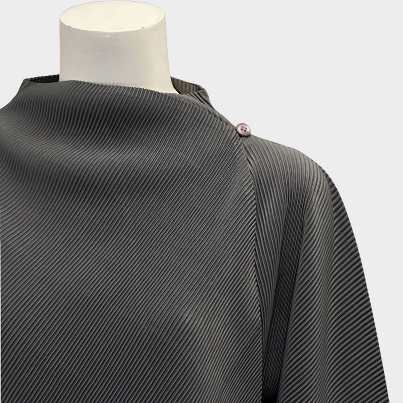 Issey Miyake women's grey polyester pleated long sleeved blouse
