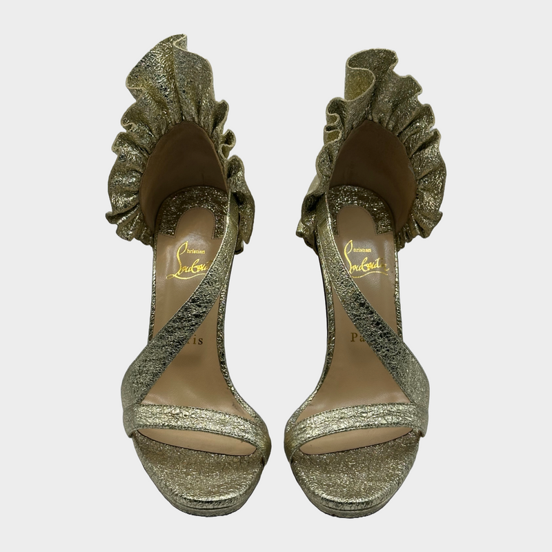 Christian Louboutin gold textured leather ruffled embellished sandal heels