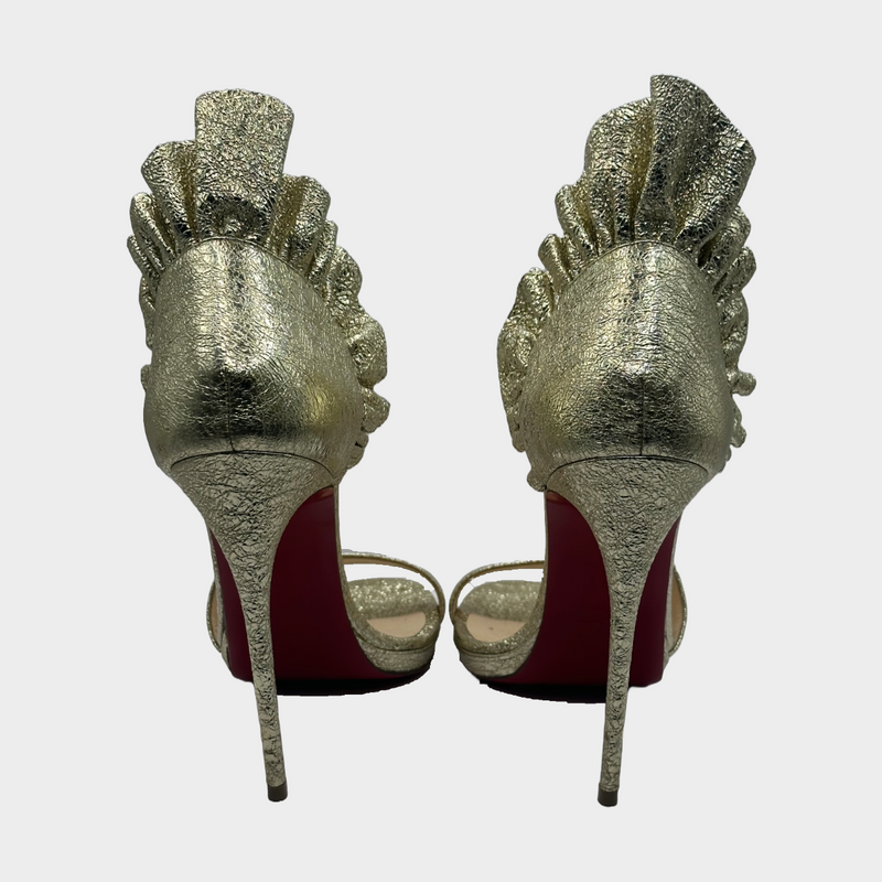 Christian Louboutin gold textured leather ruffled embellished sandal heels
