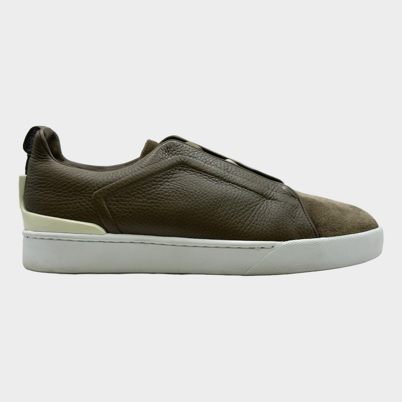 Ermenegildo Zegna men's brown grained leather and suede triple stitch sneakers