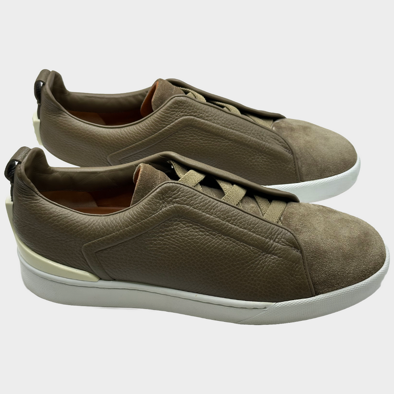 Ermenegildo Zegna men's brown grained leather and suede triple stitch sneakers