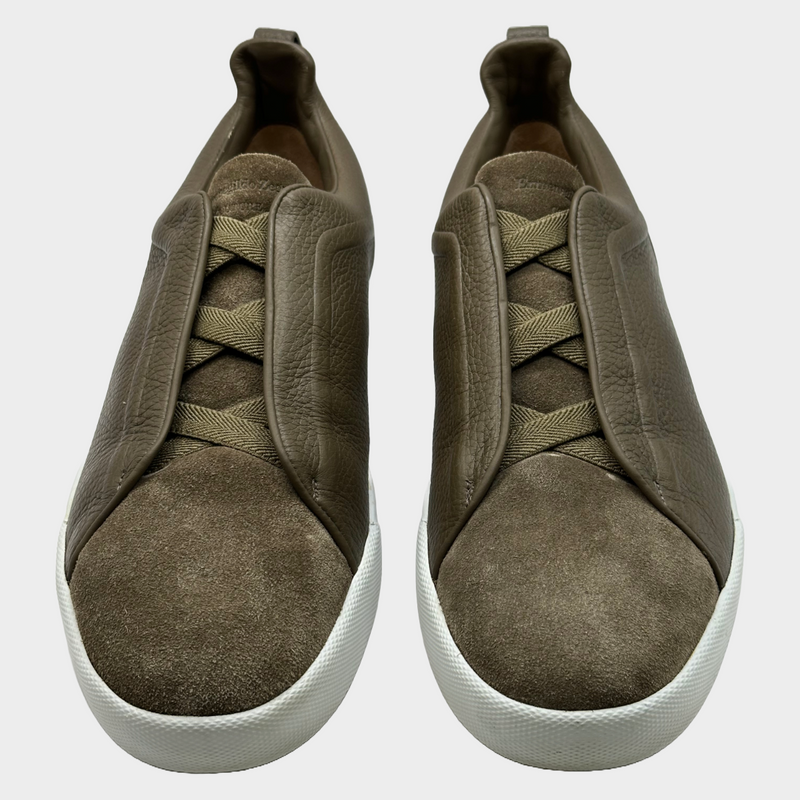Ermenegildo Zegna men's brown grained leather and suede triple stitch sneakers