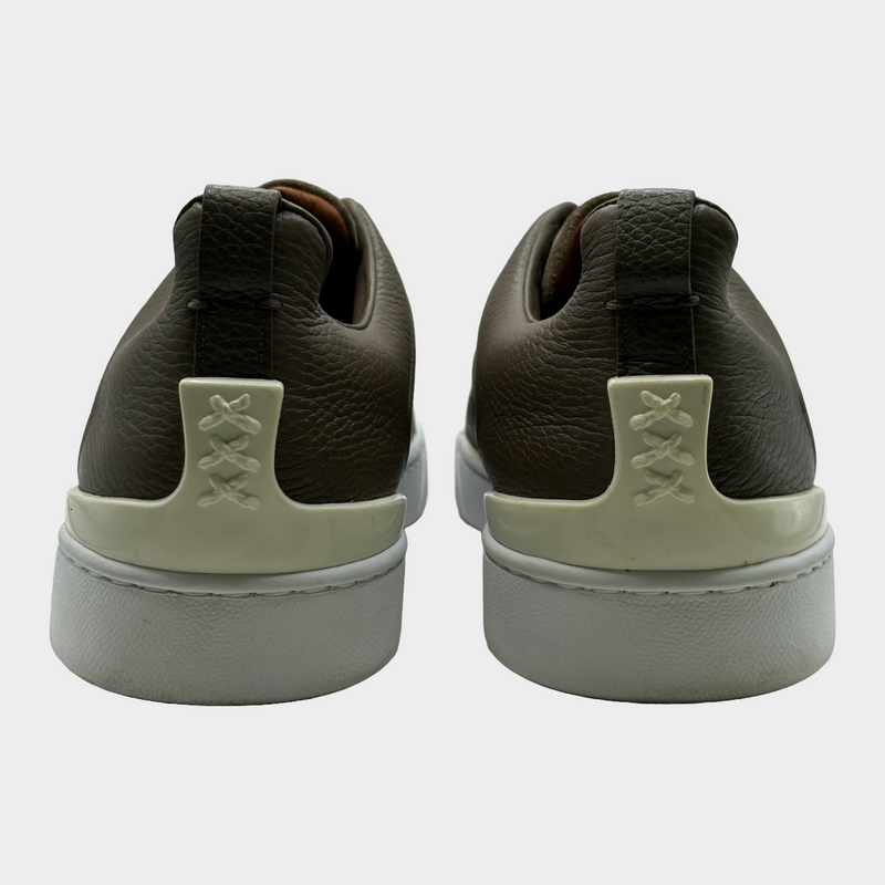 Ermenegildo Zegna men's brown grained leather and suede triple stitch sneakers