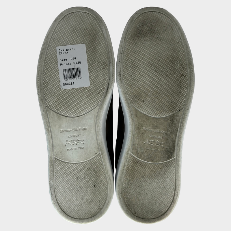 Ermenegildo Zegna men's brown grained leather and suede triple stitch sneakers