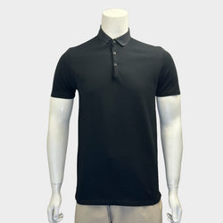 Lanvin men's black cotton polo shirt with silk collar detail