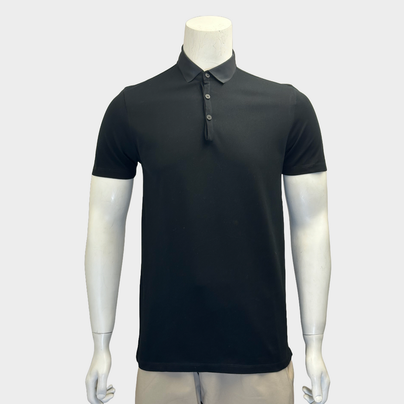 Lanvin men's black cotton polo shirt with silk collar detail