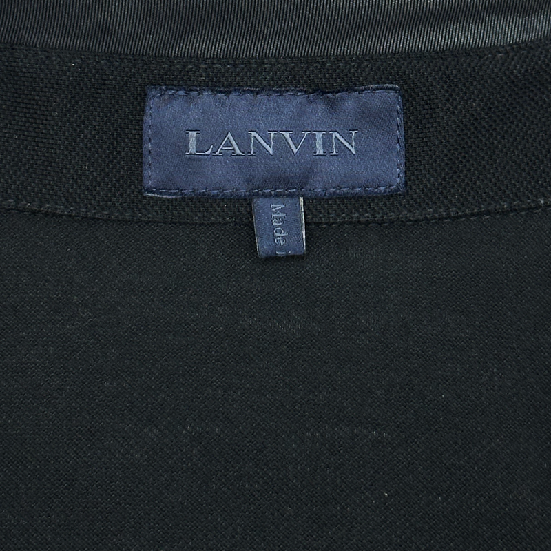 Lanvin men's black cotton polo shirt with silk collar detail