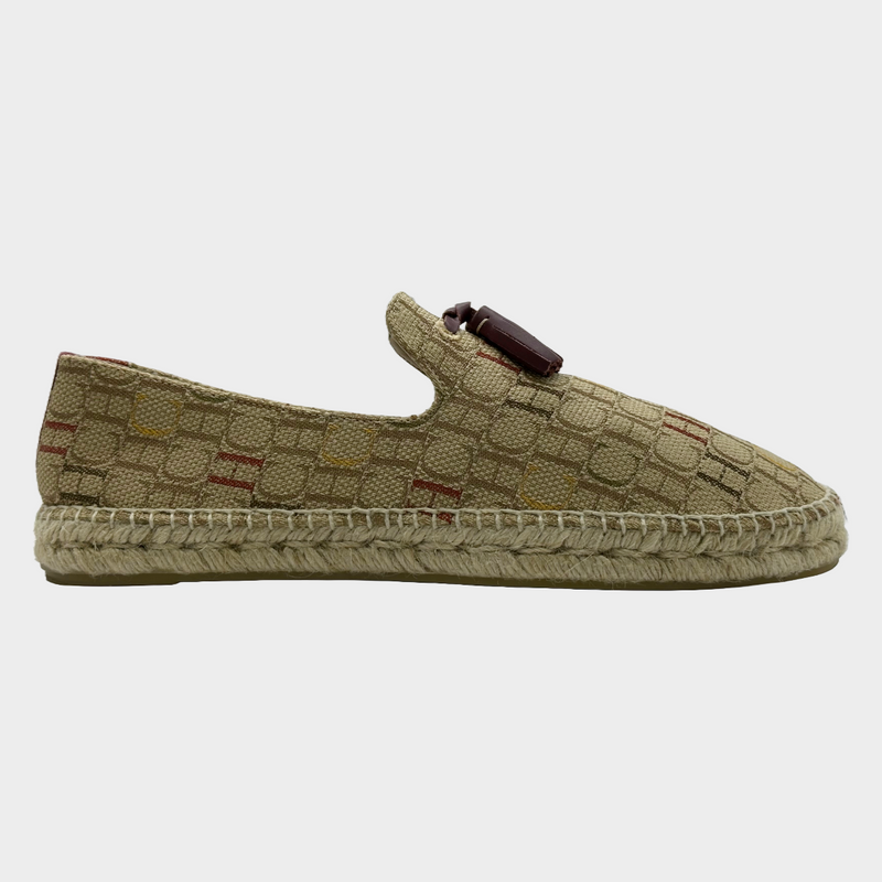 Carolina Herrera men's beige and burgundy monogram canvas/raffia espadrilles