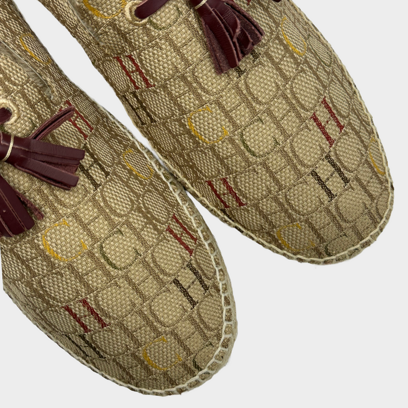 Carolina Herrera men's beige and burgundy monogram canvas/raffia espadrilles