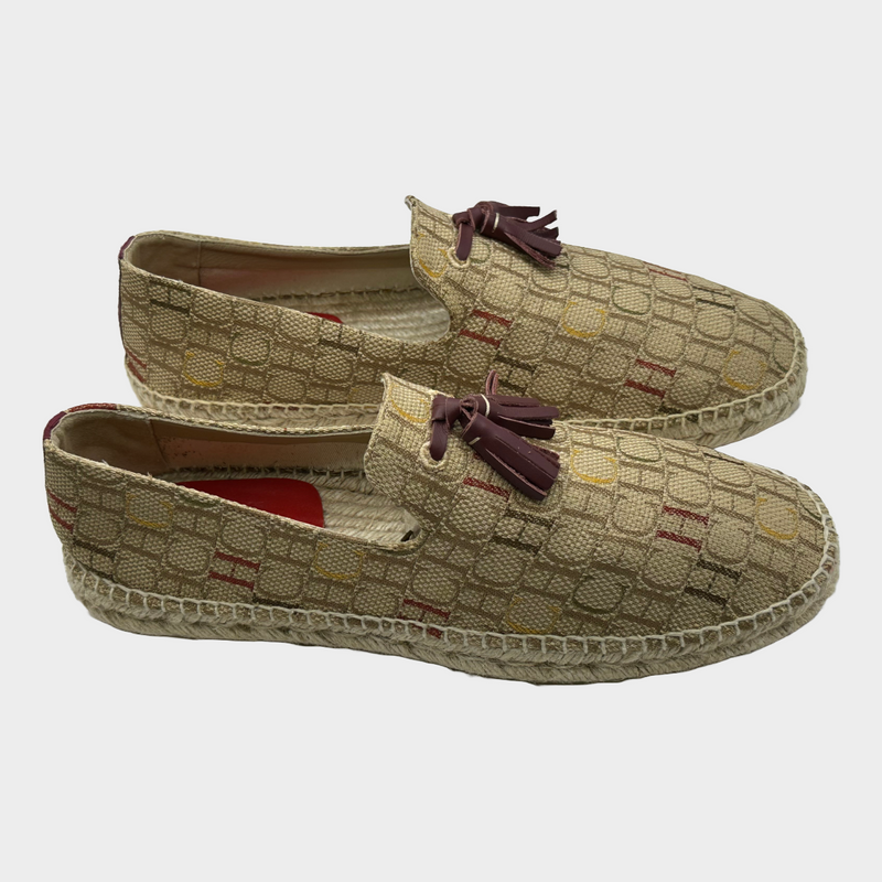 Carolina Herrera men's beige and burgundy monogram canvas/raffia espadrilles
