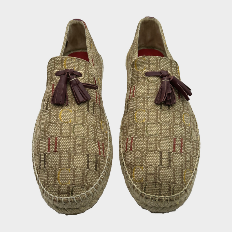 Carolina Herrera men's beige and burgundy monogram canvas/raffia espadrilles