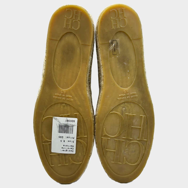 Carolina Herrera men's beige and burgundy monogram canvas/raffia espadrilles