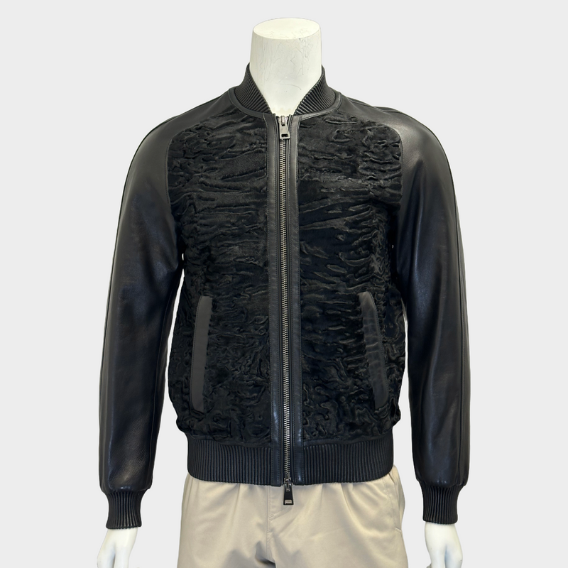 Pal Zileri men's black leather and lamb fur bomber jacket