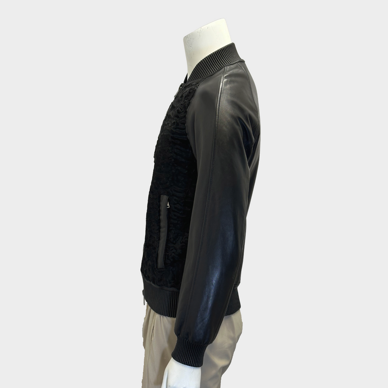 Pal Zileri men's black leather and lamb fur bomber jacket