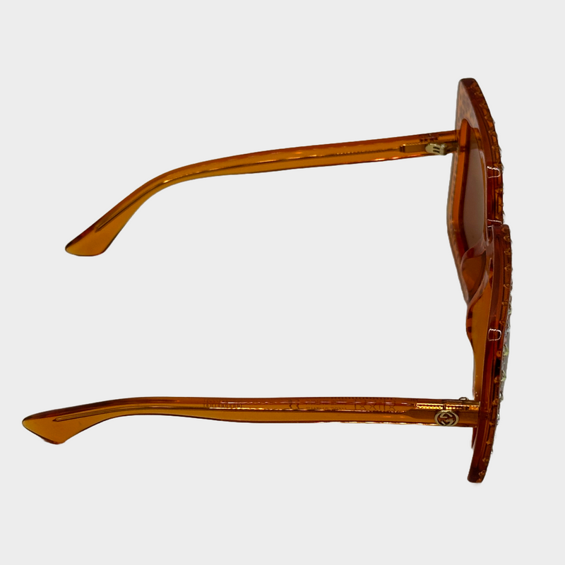 Gucci women's orange clear square sunglasses with star rhinestones embellishments