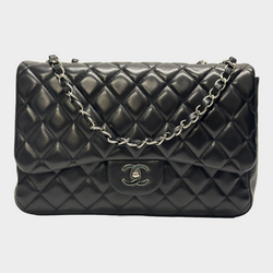 Chanel women's black lambskin leather jumbo classic flap handbag