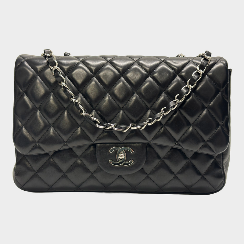 Chanel women's black lambskin leather jumbo classic flap handbag