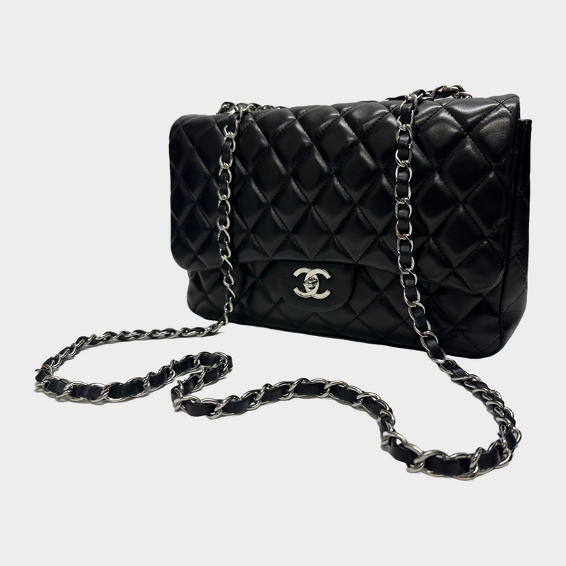 Chanel women's black lambskin leather jumbo classic flap handbag