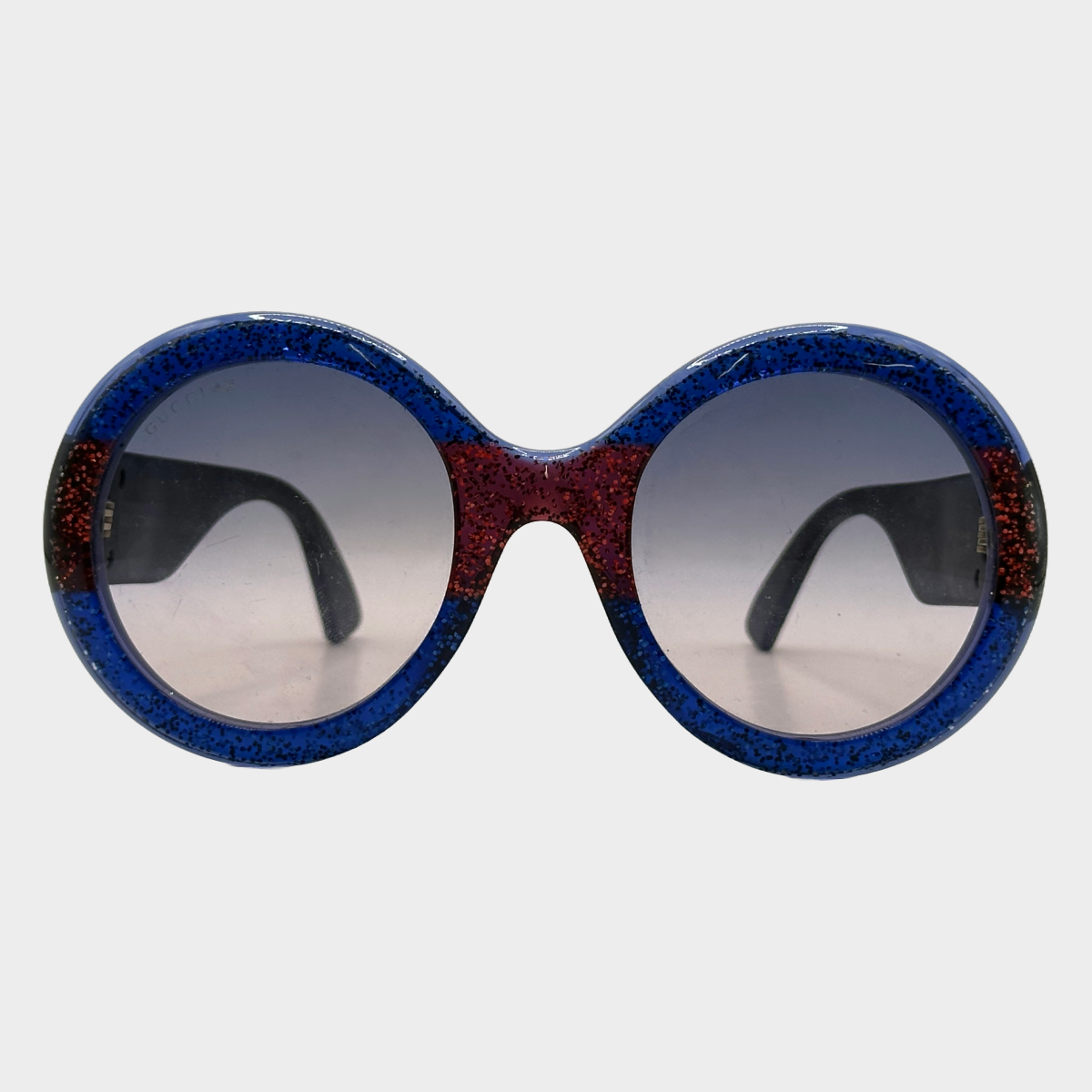 Gucci women s red and blue glittered round sunglasses with gold glitte Loop Generation