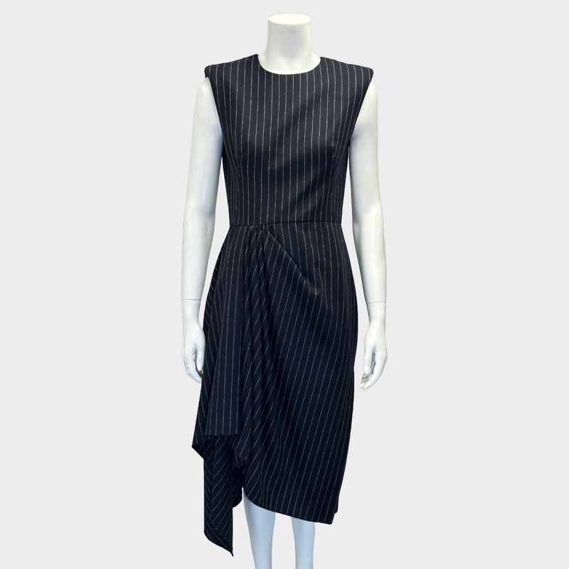 Alexander McQueen navy striped wool sleeveless draped dress