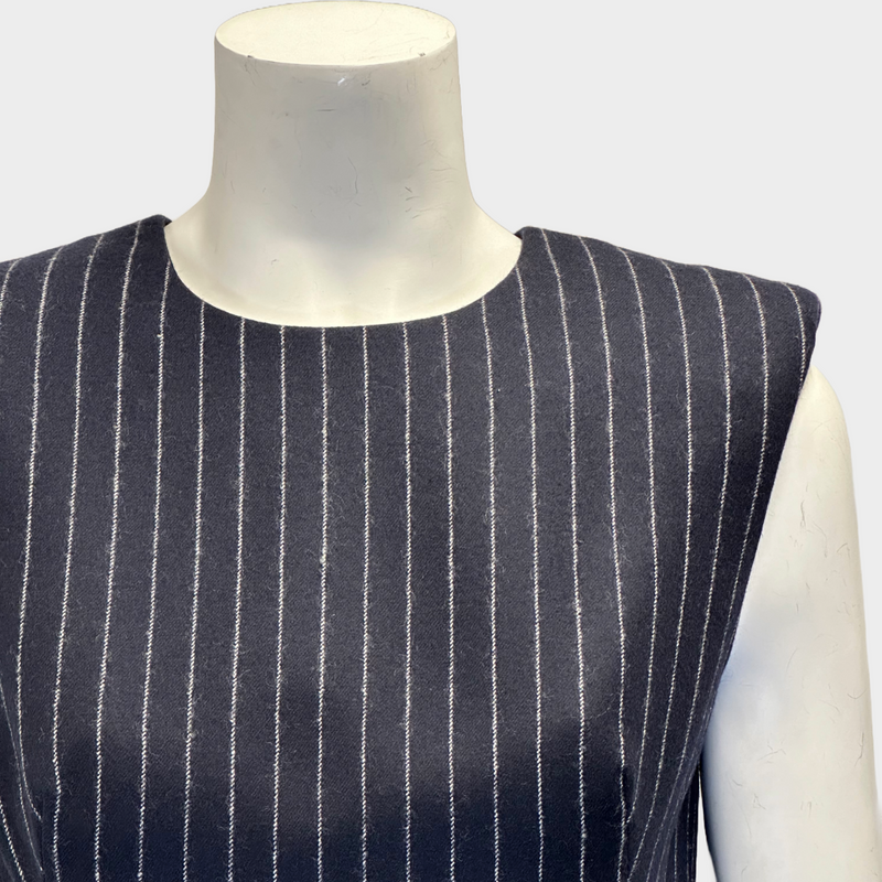 Alexander McQueen navy striped wool sleeveless draped dress