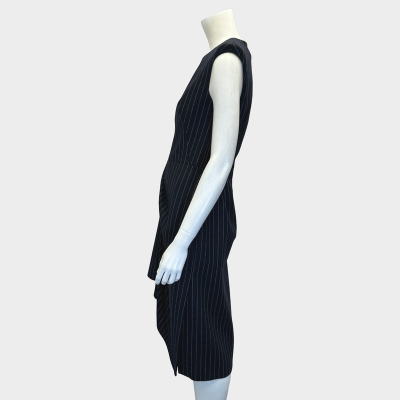 Alexander McQueen navy striped wool sleeveless draped dress
