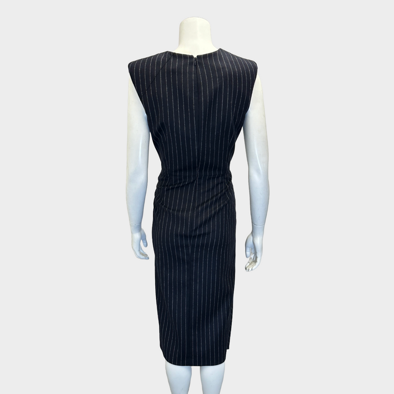 Alexander McQueen navy striped wool sleeveless draped dress
