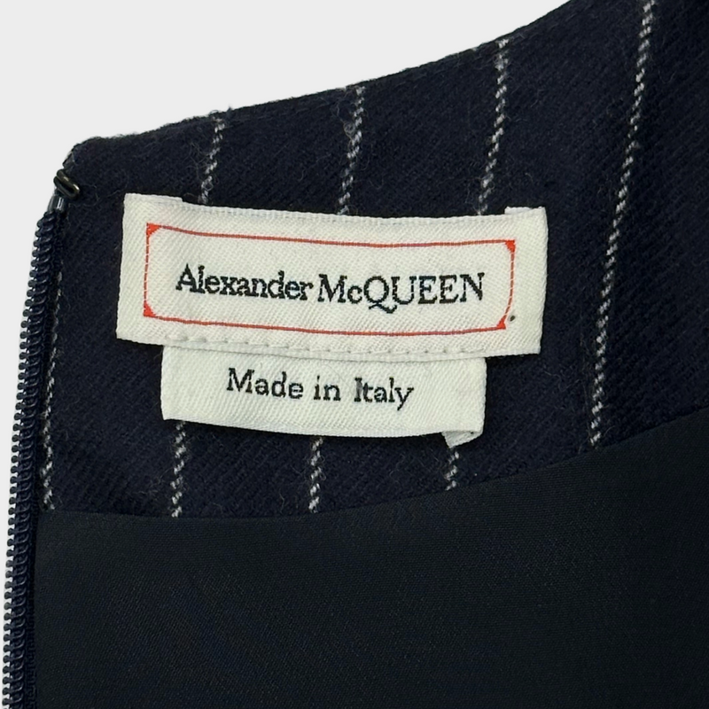 Alexander McQueen navy striped wool sleeveless draped dress