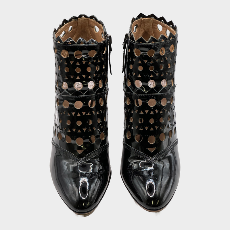 ALAÏA black patent leather laser cut ankle boots