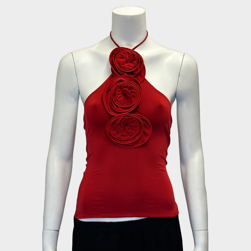 Magda Butrym women's red viscose halter neck top with roses details