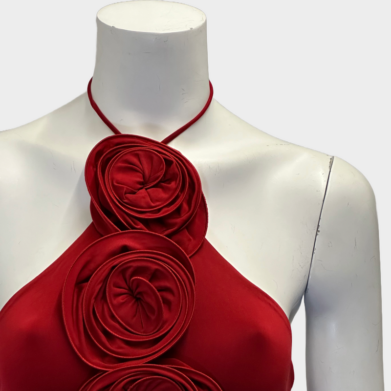 Magda Butrym women's red viscose halter neck top with roses details