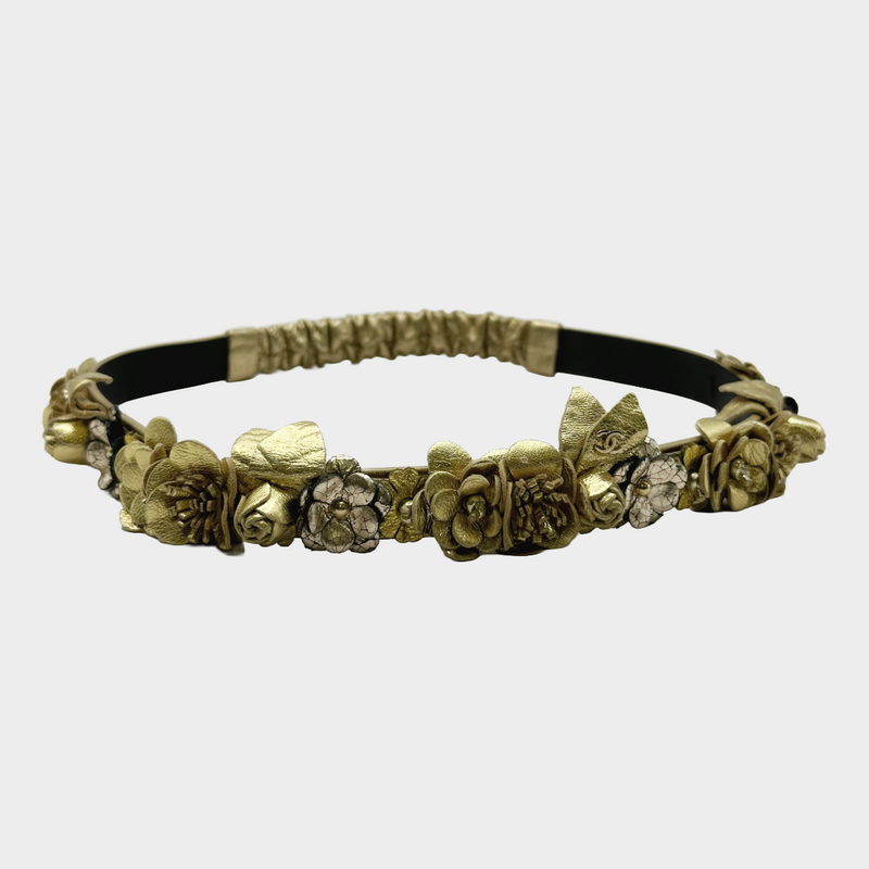 Chanel women's gold and silver leather flowers elasticated haeadband