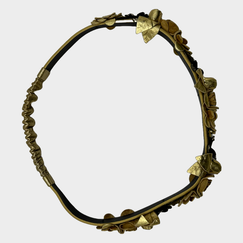 Chanel women's gold and silver leather flowers elasticated haeadband