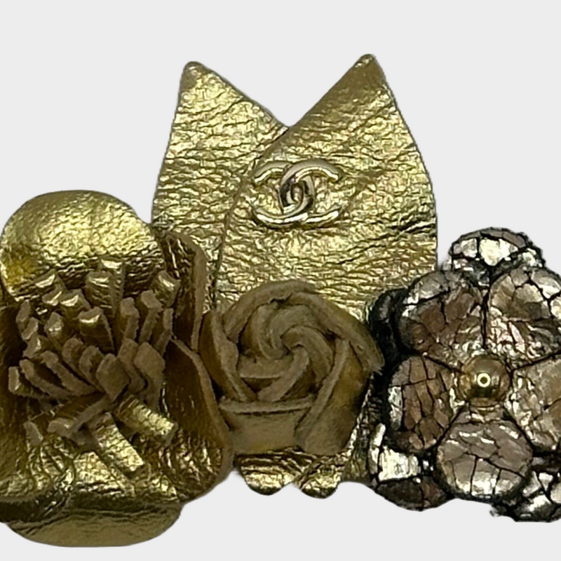 Chanel women's gold and silver leather flowers elasticated haeadband