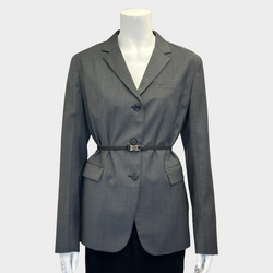 Prada women's grey wool set of belted blazer and trousers