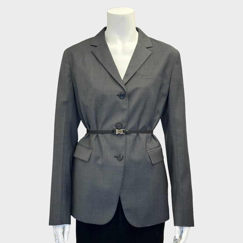 Prada women's grey wool set of belted blazer and trousers