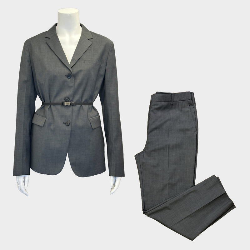Prada women's grey wool set of belted blazer and trousers