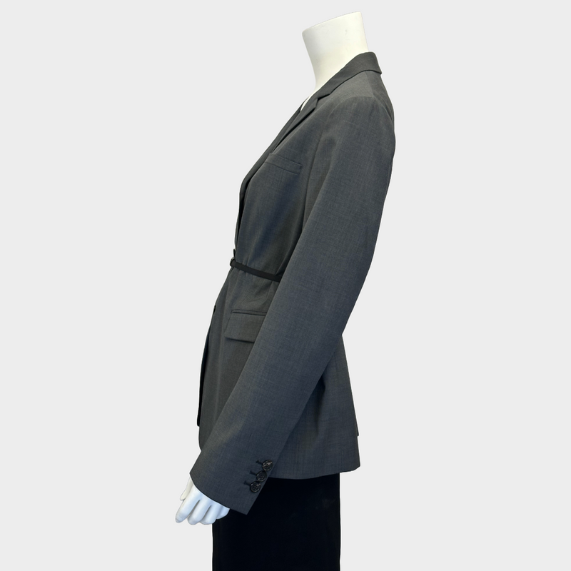 Prada women's grey wool set of belted blazer and trousers