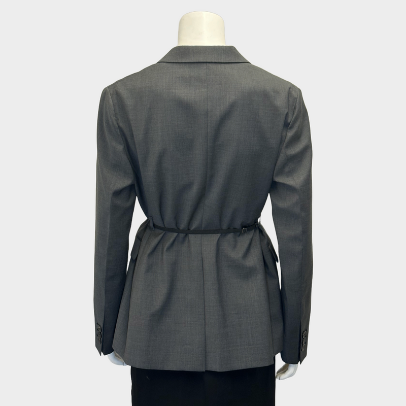 Prada women's grey wool set of belted blazer and trousers
